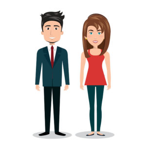 One male and one female adult cartoon. Lady wearing red top and black trousers, male wearing a suit with a red tie. Both facing forward.