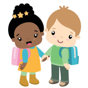 Two young cartoon children, wearing back packs holding hands and smiling 