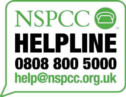 NSPCC Helpline poster in green speech bubble with white background. 0808 800 5000, help@nspcc.org.uk
