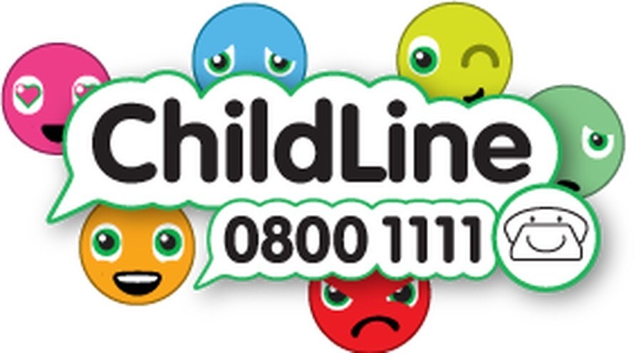 Childline 0800 1111 poster. White background with pink, blue, red, orange, yellow and green emoji faces showing different expressions