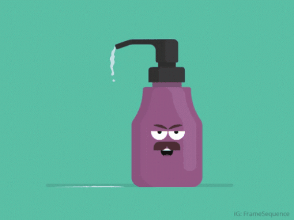 Animated image of purple soap bottle with face and moustache. Animated image dispenses soap. Green background to image.
