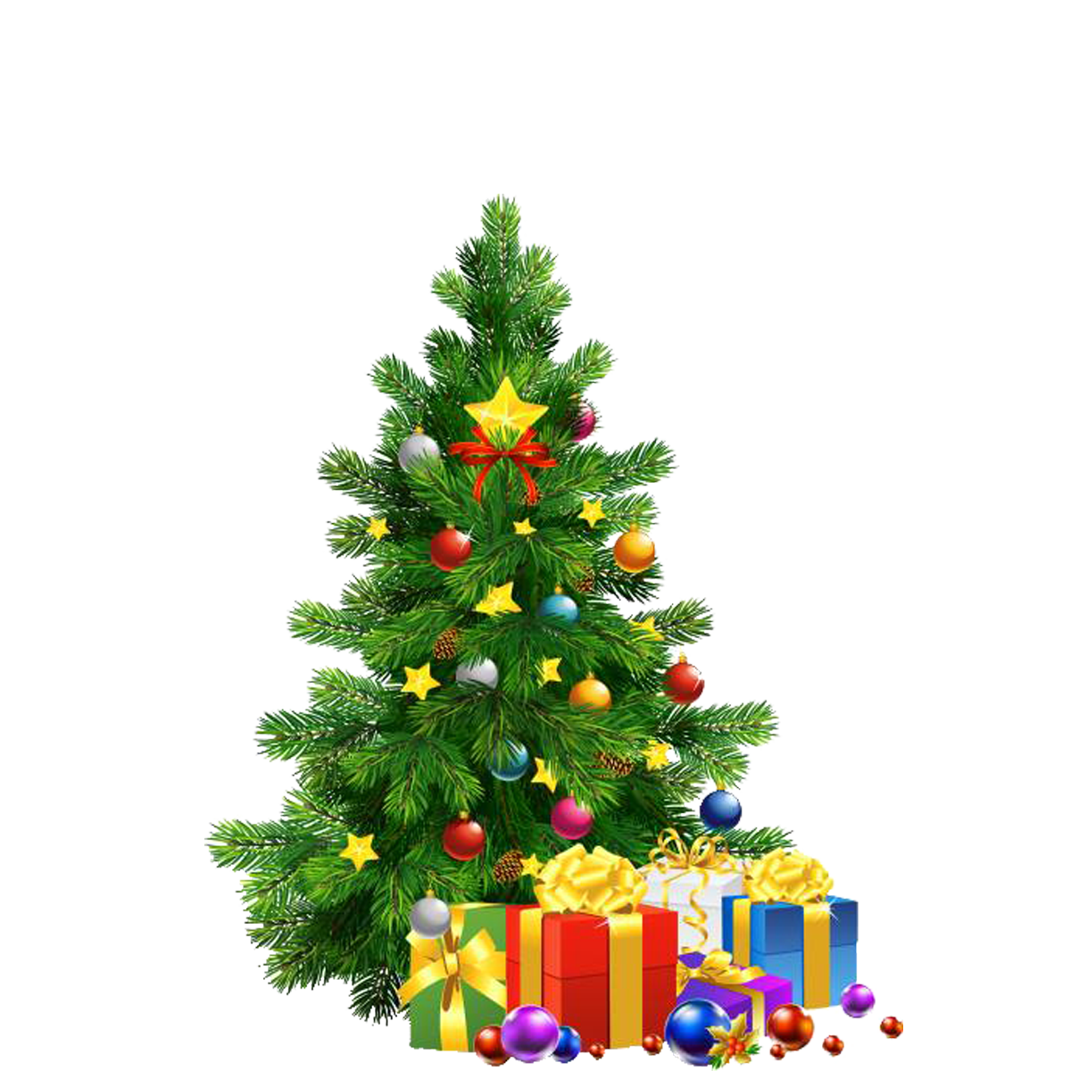 Cartoon Christmas tree with parcels under the tree