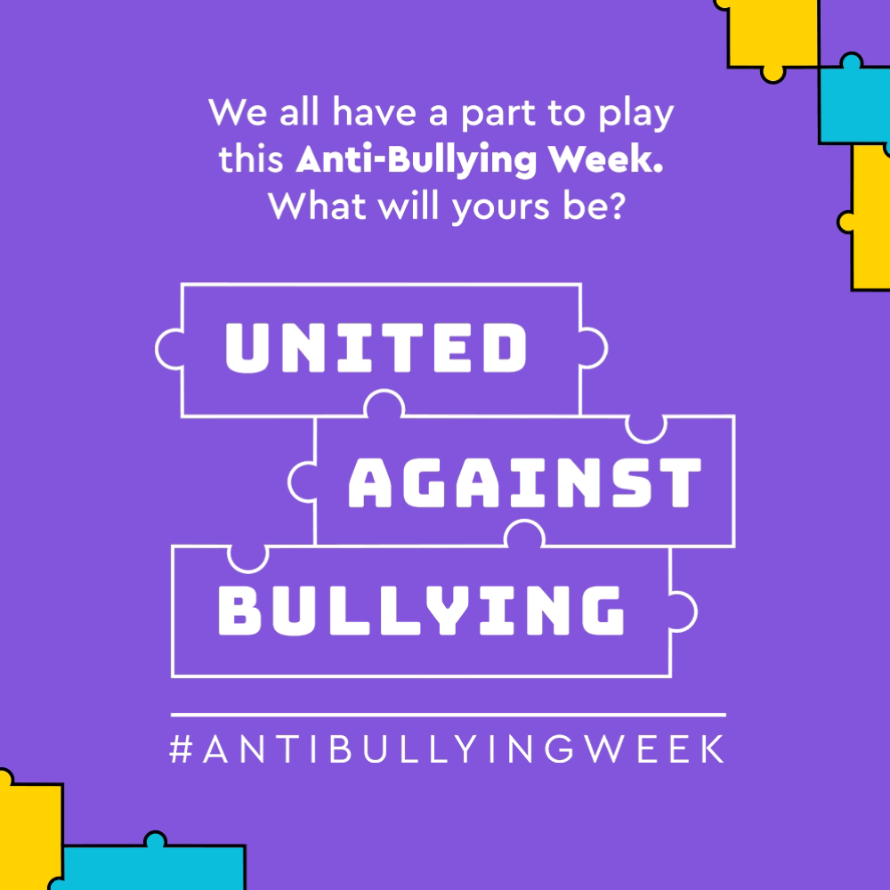 Anti-Bullying week logo poster. Purple and blue changing colour background with words 'united against bullying' fixed together as puzzle pieces 